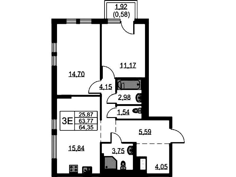 2-комнатная квартира 64.35 м², 14/18 эт., ЖК «Невская Долина»